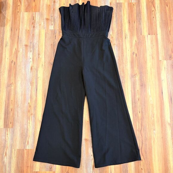 NWOT Mainstrip Black Formal Jumpsuit Accordion Pleated Flare Top Wide Leg - Picture 2 of 11